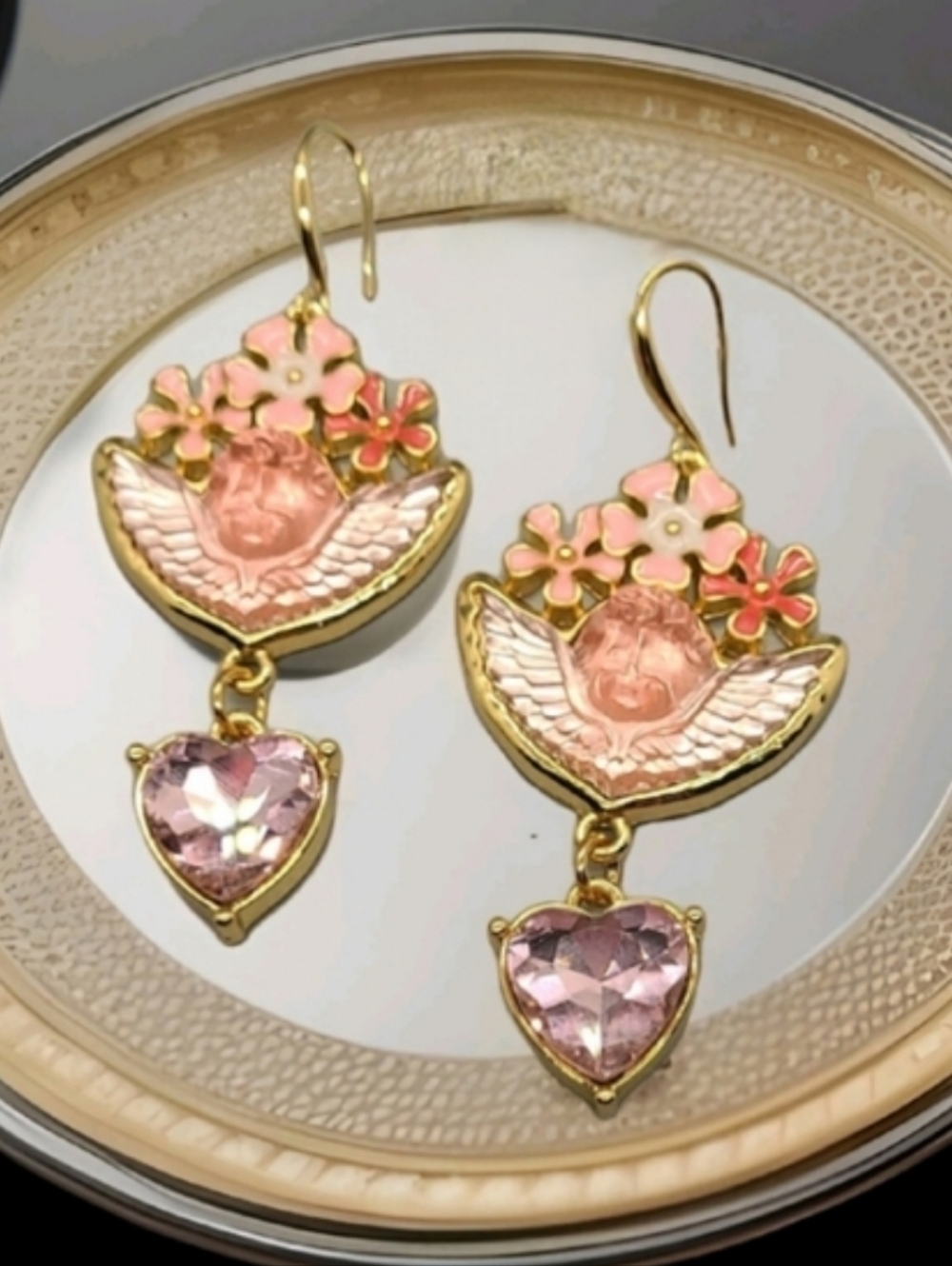 Vintage Estate Kirks Folly Angel Cherub Crystal Heart Gold Dangle Earrings